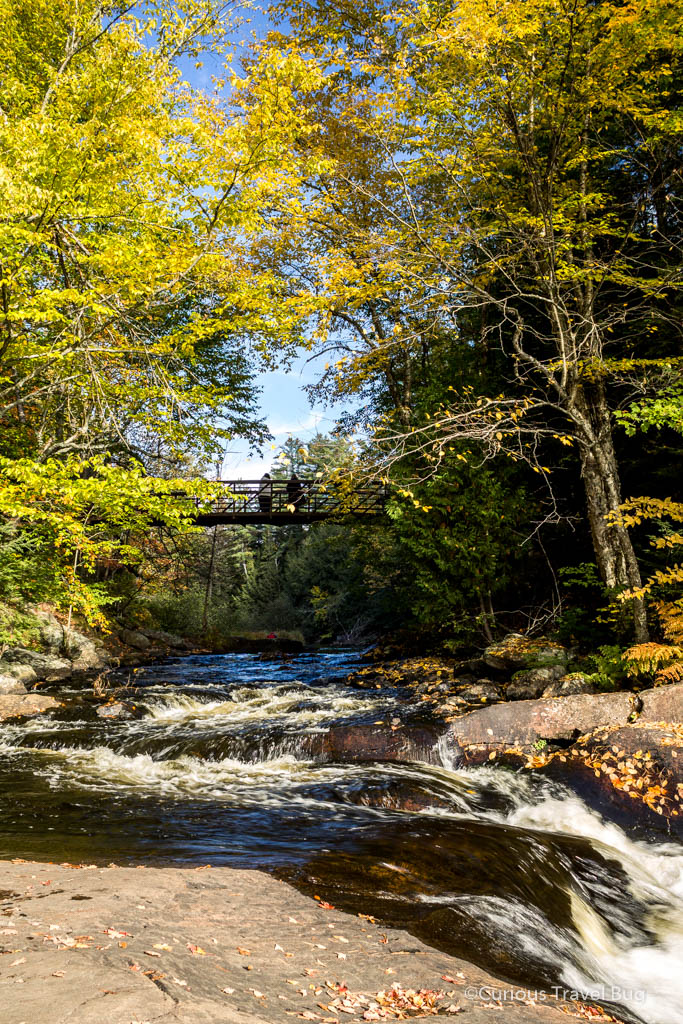 Bridge at Stubbs Falls in Arrowhead Provincial Park. This is a fantastic place to view Ontario fall colours with lots of golden leaves and a cute waterfall
